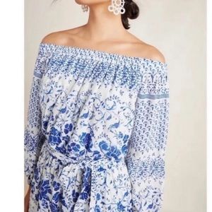 Anthropologie blue and white belted elastic waist romper. Size XS